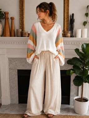Haptics Holly Harper Boho Colorblock Sleeve Top Oversized Pastel USA Made Medium